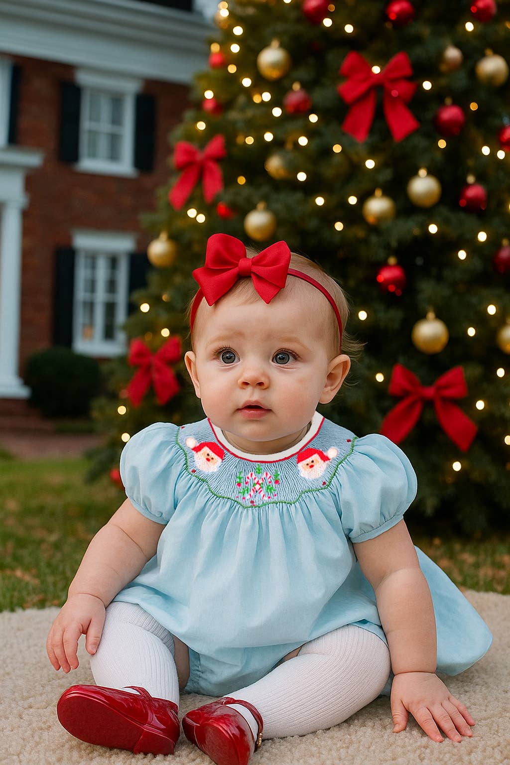 Girls Blue "Santa Claus" Hand Smocked Bishop