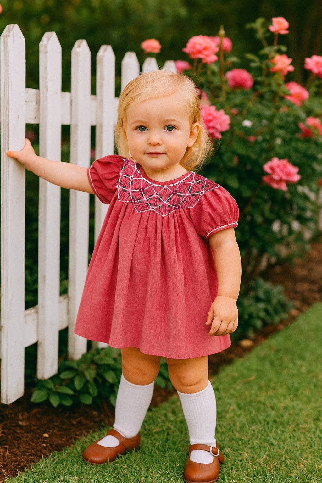 Isabella Fall Rose Corduroy Girl's Hand Smocked bishop set