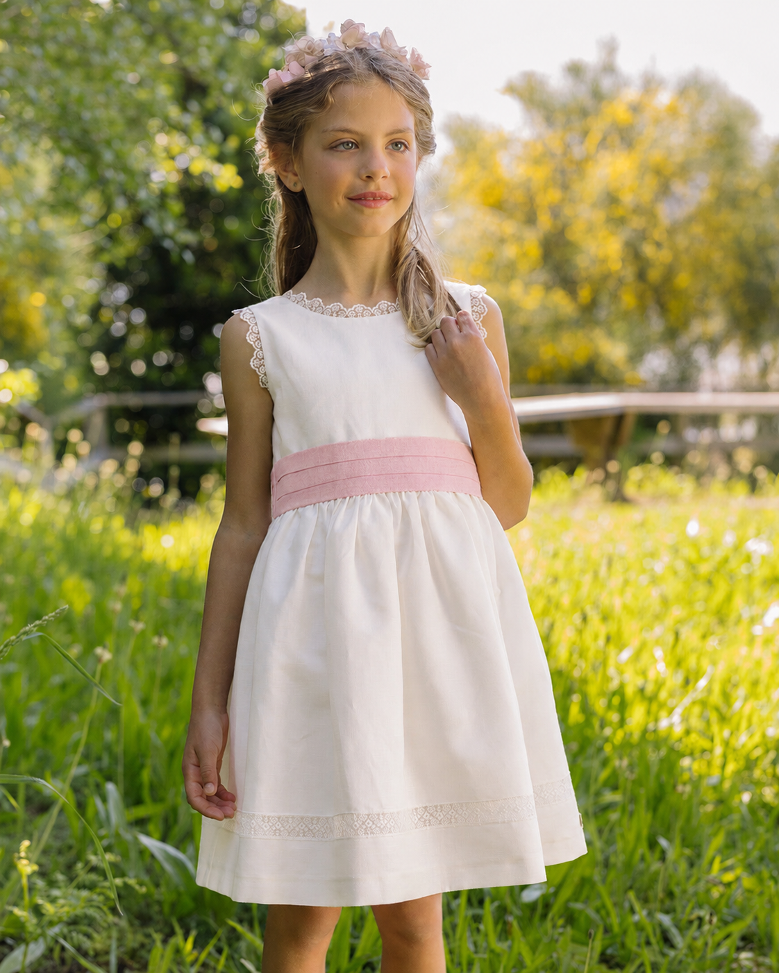 Woven Ceremony Girl Dress with Rose Band