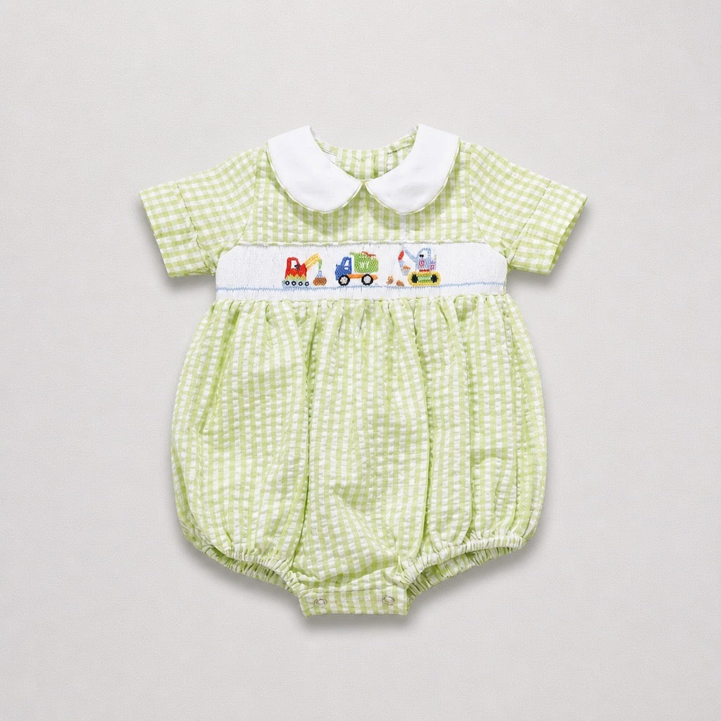 Green Gingham Smocked Trucks Bubble