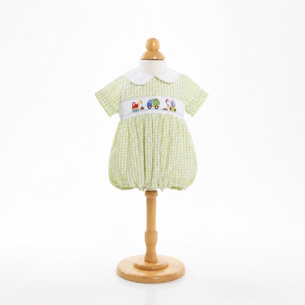Green Gingham Smocked Trucks Bubble