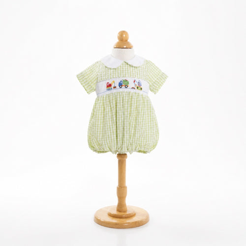 Green Gingham Smocked Trucks Bubble