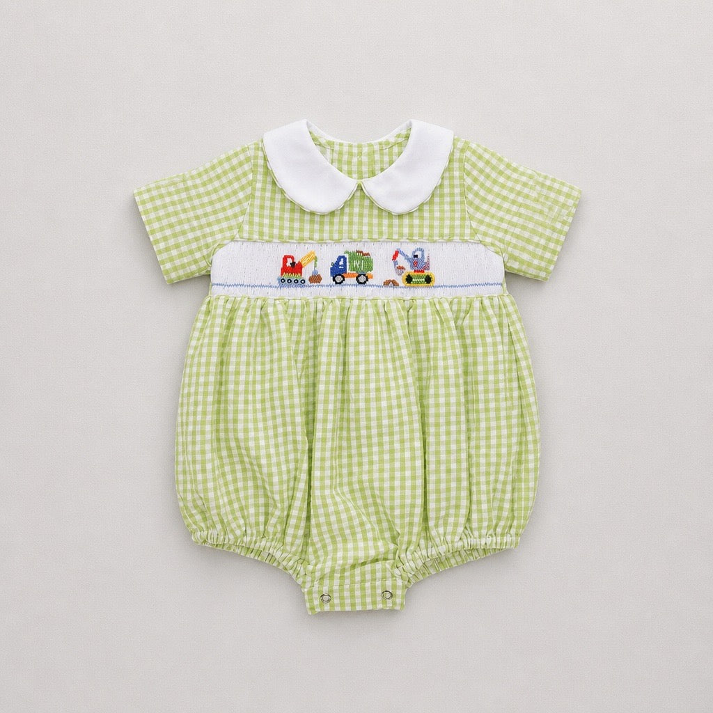 Green Gingham Smocked Trucks Bubble