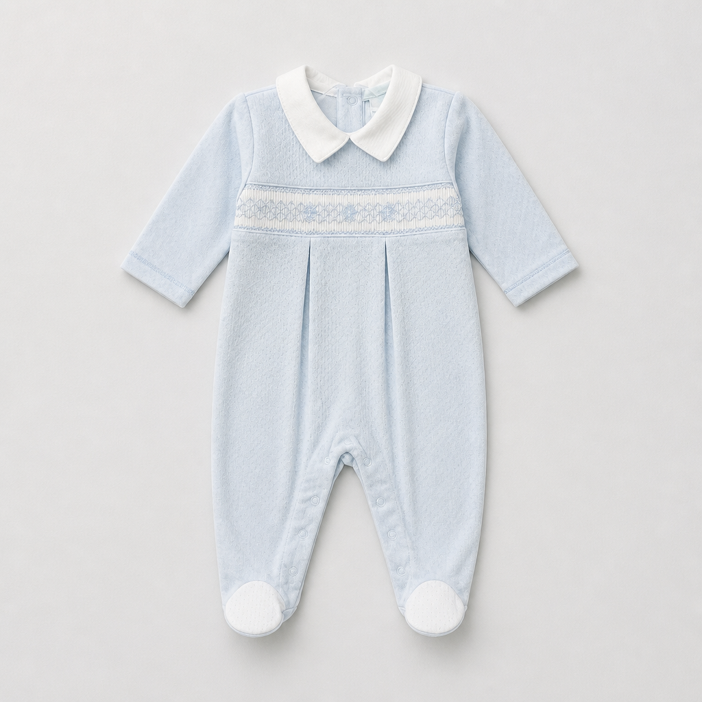 Dotty Blue Jacquard Hand Smocked Footie