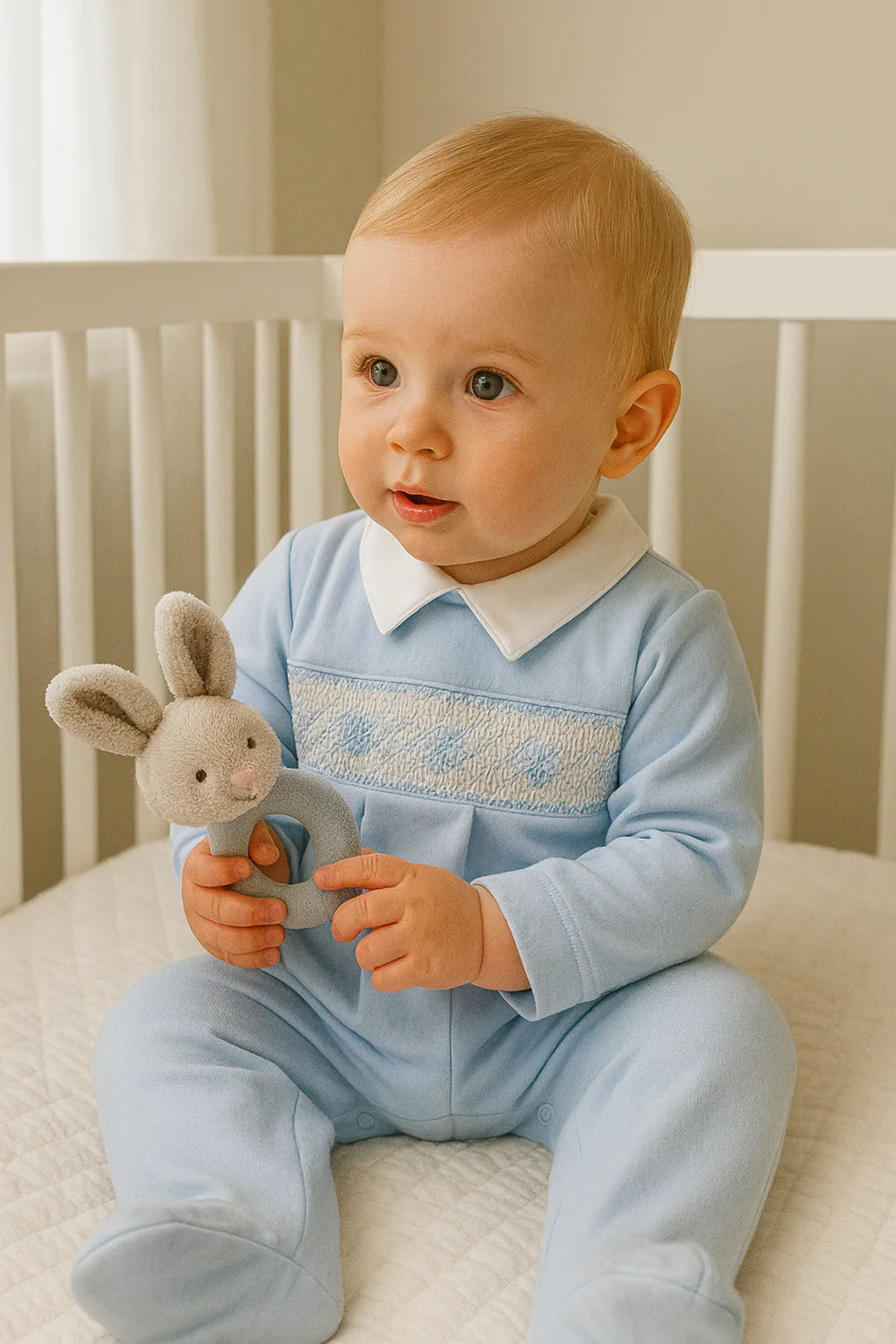 Dotty Blue Jacquard Hand Smocked Footie